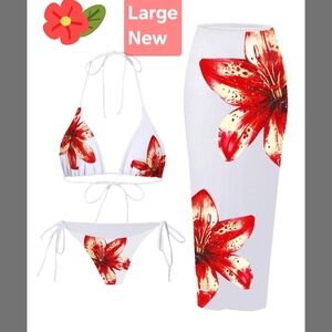 Zaful Red Floral 3 Piece String Bikini Set With Skirt Large